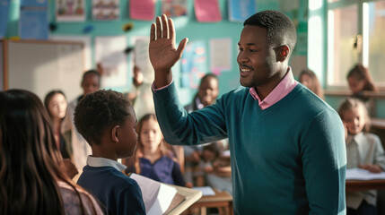 ?heerful teacher engaging with young students in a classroom, raising her hand likely to signal attention