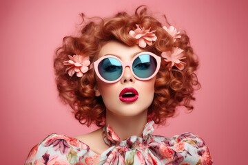 Fototapeta premium A woman with vibrant red hair, wearing sunglasses and adorned with a flower in her hair.