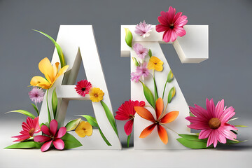 3d medieval and nouveau style alphabet letter collection, letter AA with flowers and leaves