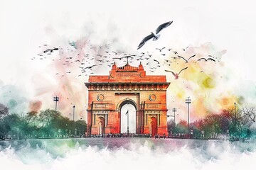 Illustration of India Gate with flying seagulls on watercolor background.jpeg
