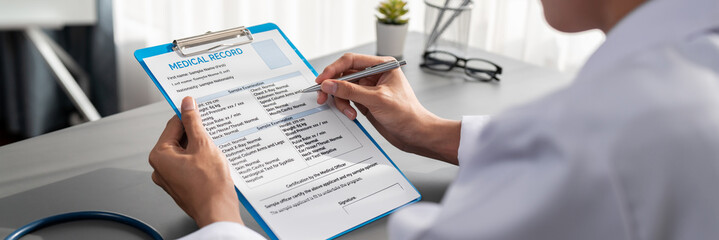 Doctor carefully review detailed medical report and diagnosing illness for effective healthcare treatment plan for patient in doctor office. Professional medical evaluation. Neoteric - obrazy, fototapety, plakaty