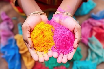 Hands Holding Vibrant Powder, pink, yellow, green, blue color powder, Unity and Joy, Ideal for Event Promotions, Colorful Holi Festival Celebrations.