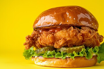 Fried chicken sandwich on bun with lettuce, pickle and sauce on Yellow background.jpeg