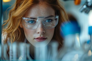A confident young woman, her face adorned with transparent safety glasses, exudes a sense of determination and focus as she works on a project with precision and skill