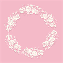 A wreath of roses. Silhouette of white roses on a pink background. Retro ornament. Suitable for romantic cards and valentine's day, and themes related to romantic holidays and events.