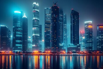 Modern metropolis skyline at night with illuminated skyscrapers