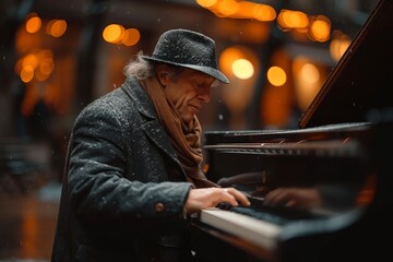 A talented pianist wearing a stylish hat captivates the audience with his passionate performance on...