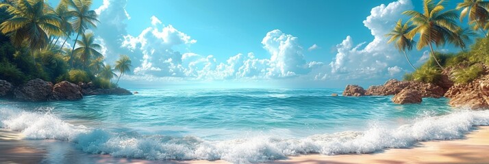 Fototapeta na wymiar A calm panoramic beach scene with blue waters, sunny skies, and sandy shores.