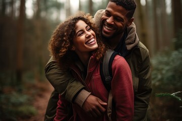 Obraz premium A man carries a woman on his back as they navigate through the forest.