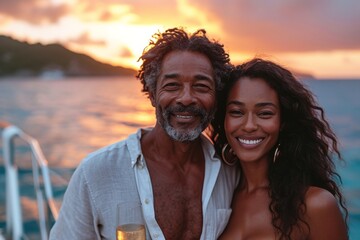 An affectionate African couple, age gap embraced, enjoys a romantic yacht sunset with champagne.