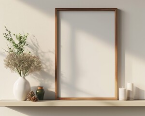 blank empty photo frame mockup sitting on a wooden shelf
