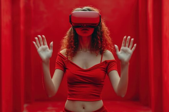 A pretty woman making a gesture in a virtual reality simulation with futuristic glasses and headset.