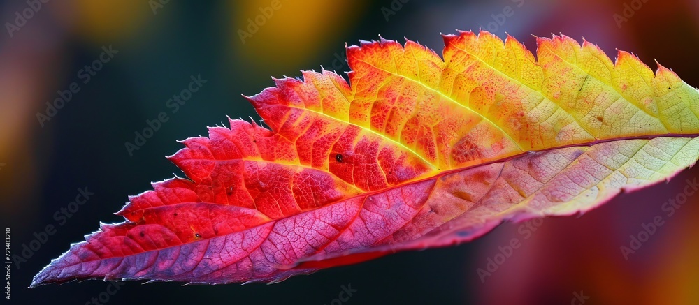 Poster vibrant red leaf with yellow tips: a stunning display of yellow tips on a red leaf