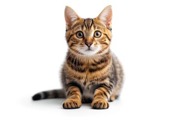 A lovable tabby kitten with a curious look, isolated on a white background in a studio shot.