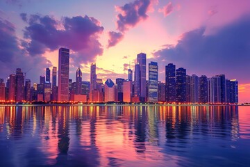 Fototapeta premium Breathtaking skyline at twilight with reflective waterfront