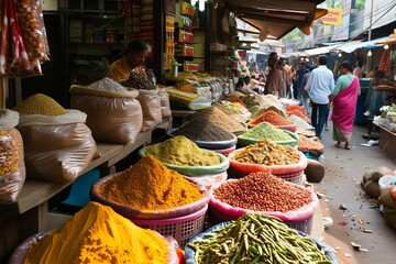 Bustling food market with exotic spices and street delicacies