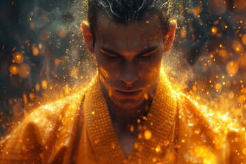 A mysterious man, cloaked in a robe, exudes intense heat and fiery sparks from his human face, evoking a sense of danger and power