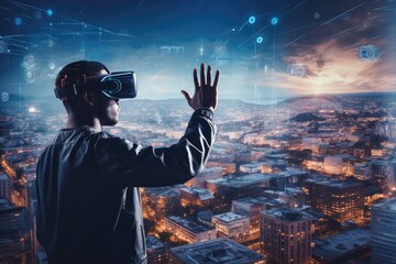 A man wearing a virtual reality headset stands in front of a cityscape, experiencing a virtual world.