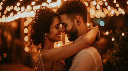 A loving couple dancing under string lights, surrounded by a warm glow, capturing the magic and romance of their connection