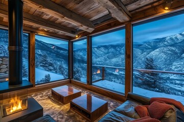 Cozy mountain chalet with panoramic windows and snowy peaks
