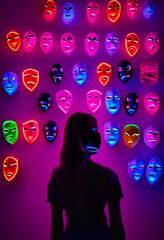 hypocritical, two-faced girl in a mask stands against the background of masks with different faces, generative AI