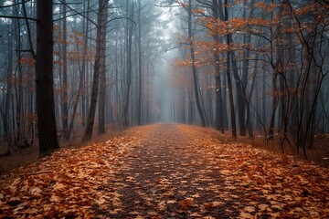 Cozy autumn forest path with fallen leaves and misty morning
