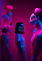 unemotional, hypocritical, two-faced girl in a mask stands near same peoples,  generative AI