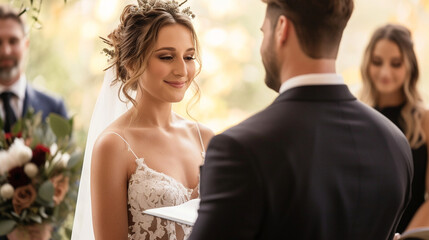 A couple exchanging vows in a warm, intimate ceremony, capturing the depth and sincerity of their commitment and love