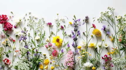 Collection of mixed wildflowers on white background. Copy space