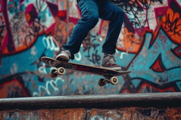 Dynamic urban skateboarding scene with graffiti art and ramp tricks