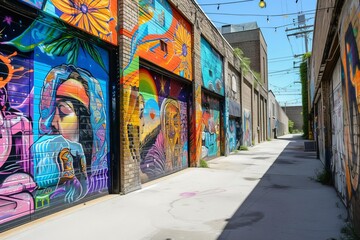 Dynamic urban art district with colorful murals and creative studios