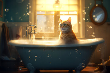 Close up of cute  cat looks out of the bath. Sweet kitten washes and swims - obrazy, fototapety, plakaty