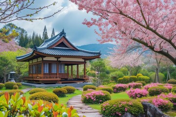 Fototapeta premium Elegant tea garden with blooming cherry blossoms and traditional pavilions