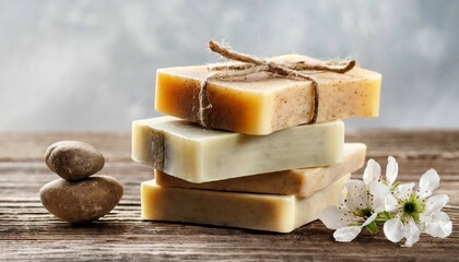 Bars of natural handmade soap and spring flowers. Spa self-care organic product
