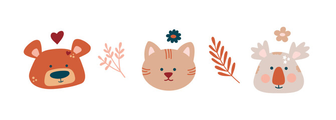 Cute cartoon Bohemian nursery posters with teddy bear, rabbit and cat. Boho vector print for wall decor