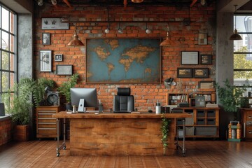 A cozy den in a wooden house, with a computer desk and a map on the wall, adorned with a houseplant, flowerpot, and vase, showcasing an interior design masterpiece - obrazy, fototapety, plakaty
