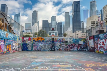 Energetic urban basketball court with graffiti and skyline backdrop