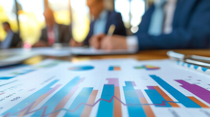 Detailed Financial Report, A close-up of a financial report or chart being presented, with shareholders in the background examining the details.