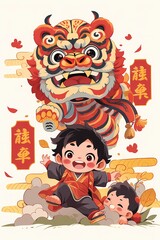  Child and barongsai playing at hill , Chinese new year