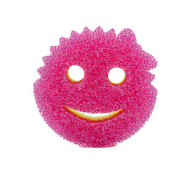 Ocala, Florida January 26, 2024 Scrub Mommy and Daddy eponymous sponges in the shape of a smiley face made from a strong high tech polymer, on display isolated on white background  red rough side