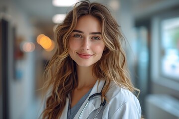 Obraz premium A stunning young woman with a bright smile and long, layered brown hair poses for a fashion photoshoot, her feathered blond hair falling delicately around her face as she leans against an indoor wall