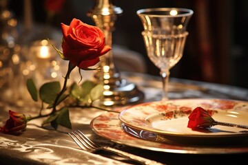 A red rose sits elegantly on a white plate placed beside a crystal wine glass on a tablecloth.