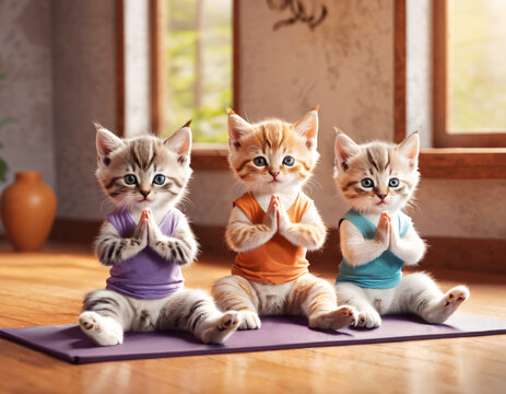 Cute cats doing yoga. Generated by AI.