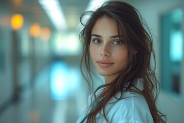 Fototapeta premium A striking lady, with her layered brown locks framing her human face, gazes confidently into the camera during an intimate indoor photo shoot, her arched eyebrow and full lips adding depth to the por