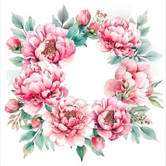 Pink watercolor peonies with soft green leaves wreath