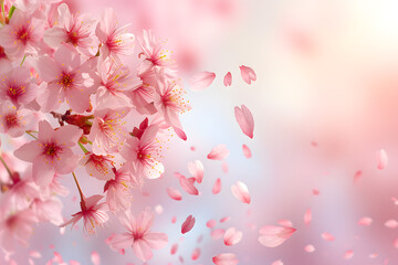 Sakura flowers and flying petals on spring background.