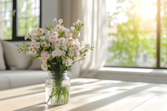 Modern living room in house with spring flowers in vase.