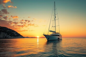 Luxurious yacht sailing on pristine waters at golden hour