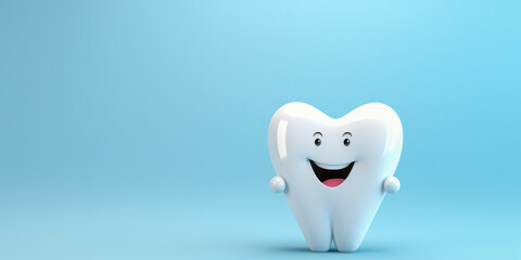 Cartoon character of cute human tooth on light blue background.