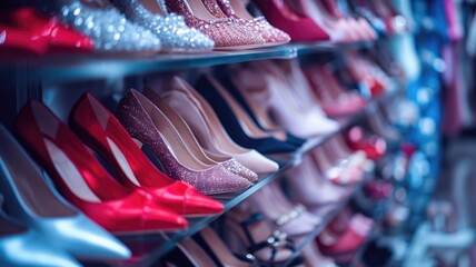 Assorted high heels on display shelves in a boutique with vibrant lighting